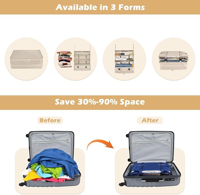 Surblue Hanging Closet Storage Bag Collapsible 3-Shelf Washable Oxford Fabric with 2 Hooks (XL 17.71 * 11.81 * 20in, Beige) - Image 3