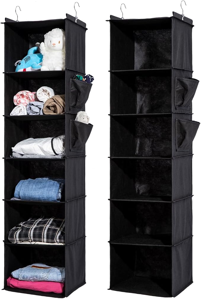2 Packs Hanging Closet Organizer, 6-Shelf Closet Organizers and Storage with Side Pockets, Collapsible Hanging Shelves for Closet & RV & College Dorm,Black by WelcometoYRCBEHFU