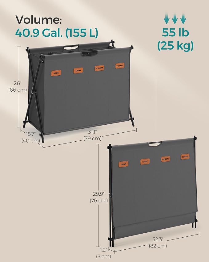 SONGMICS Laundry Hamper, 155L, 4 Sections, Collapsible X-Frame - Image 6