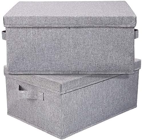 HOONEX Linen Foldable Storage Bins with Lids, 2 Pack, Storage Boxes with Carrying Handles and Sturdy Heavy Cardboard, 16.5" L x 11.8" W x 7.5" H for Shoes, Books, Clothes, Light Grey by HOONEX