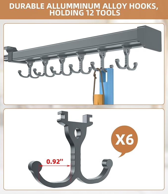 Pull Out Broom Holder With Adjustable Double Row Sliding Hook -Grey 14.17in - Image 3