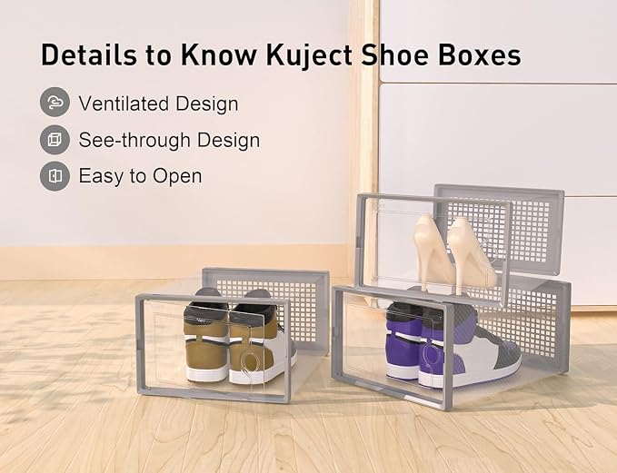 Kuject X-Large Shoe Storage Boxes 12 Pack, Clear Stackable Shoe Organizer | Shoe Case for Closet, Entryway & Under-Bed Storage, Drop-Front Design, Space-Saving Solution for Family Organization,Grey - Image 4