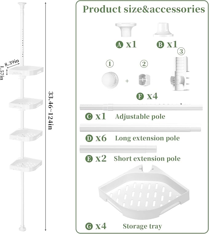 akinbas Tension Pole Shower Caddy Organizer with 4 Tier L-Shaped Rust Resistant Bathroom Corner Shelves with 34-124 Inch Adjustable No Drilling Quick Install Shower Rack for Bath Essentials (White) - Image 2