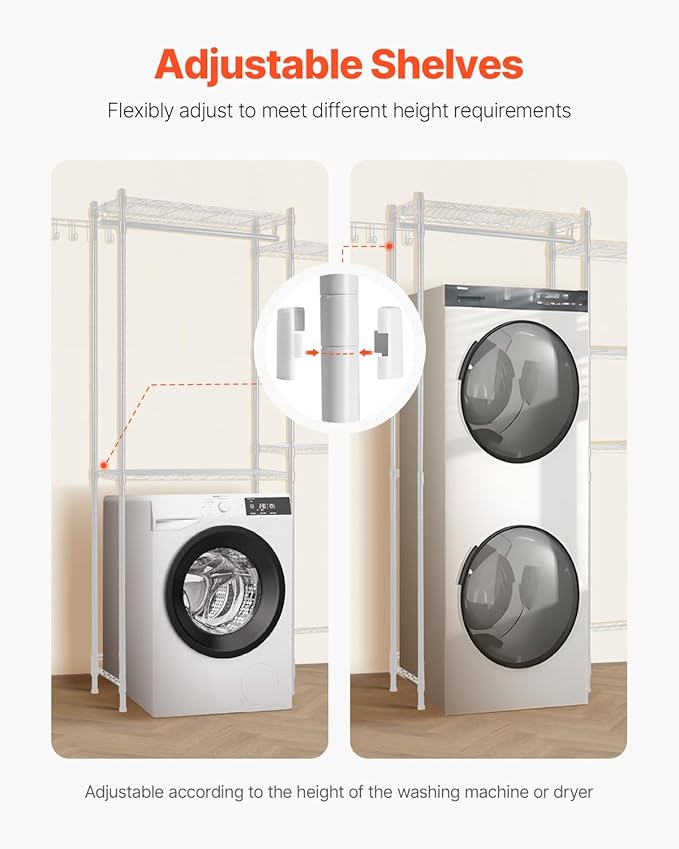 VEVOR Over the Washer and Dryer Storage Shelf, 5 Tier Laundry Room Drying Rack with Hanger Rod and Hooks, Adjustable Over Washer and Dryer Shelves, Laundry Room Shelf Storage Space Saver, White - Image 5