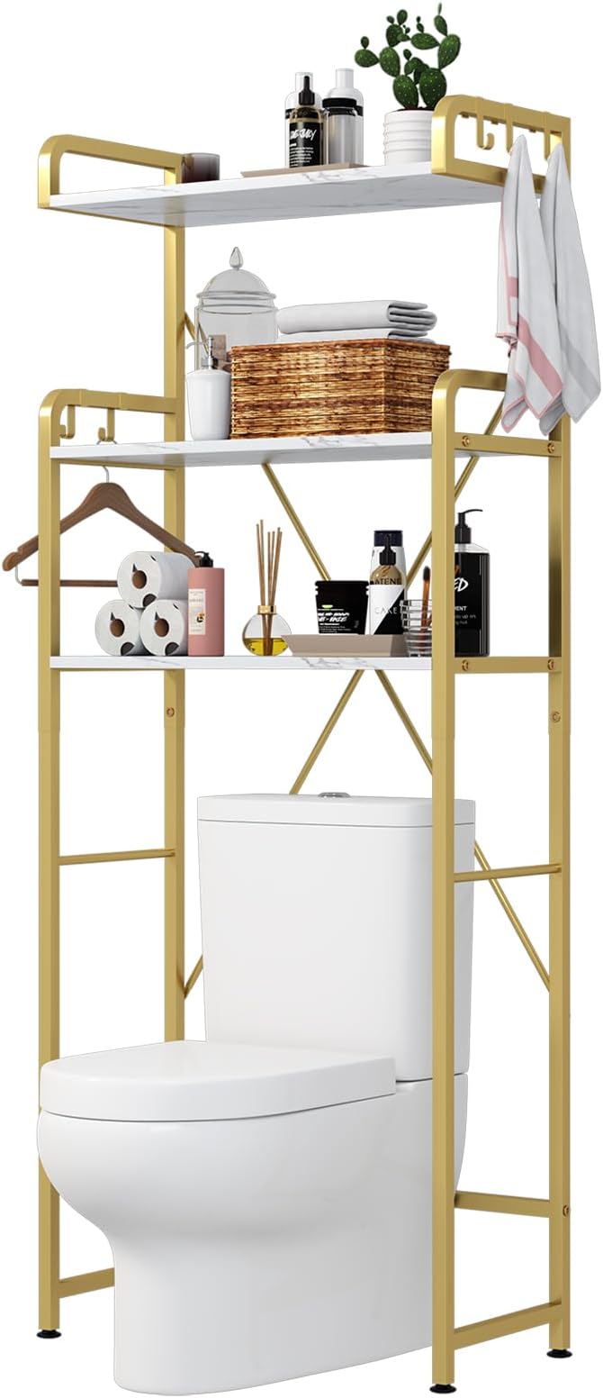 Over The Toilet Storage Rack with 3-Tier Shelves, Space Saver Toilet Shelf, Laundry Organizer with Hooks for Over Toilet Storage and Space Saver (White & Gold) - Image 8