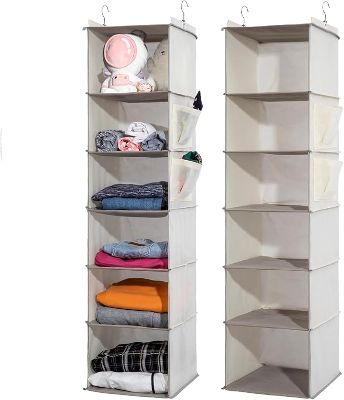 2 Packs Hanging Closet Organizer, 6-Shelf Closet Organizers and Storage with Side Pockets, Collapsible Hanging Shelves for Closet & RV & College Dorm,Beige by WelcometoYRCBEHFU