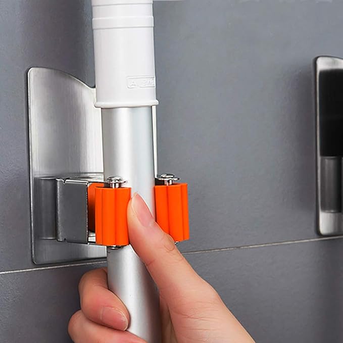 Broom Holder Wall Mount, 2 Pack Orange Stainless Steel Mop and Broom Organizer, Heavy Duty 15 Lbs Self Adhesive Tool Hanger, No Drill V-Shape Broom Hooks for Garage, Kitchen, Bathroom - Image 8