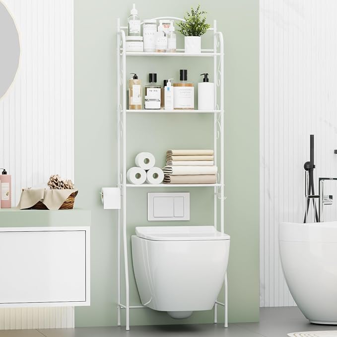 HOME BI Over The Toilet Storage Shelf, 3-Tier Over Toilet Bathroom Organizer Rack, Freestanding Space Saver Toilet Stands with Hooks (White) - Image 2