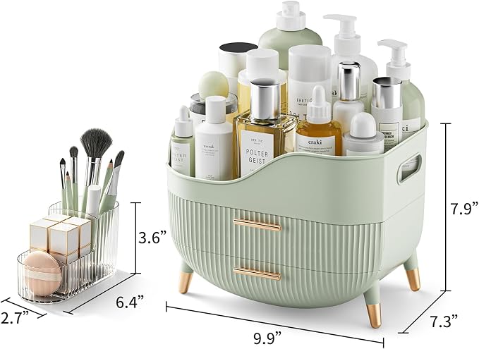 Pajiriona Makeup Organizer with Drawers, Green Skincare Organizer for Vanity, Storage Box with Handle, Large Cosmetic Display Case for Dresser, Bathroom Countertop - Image 3