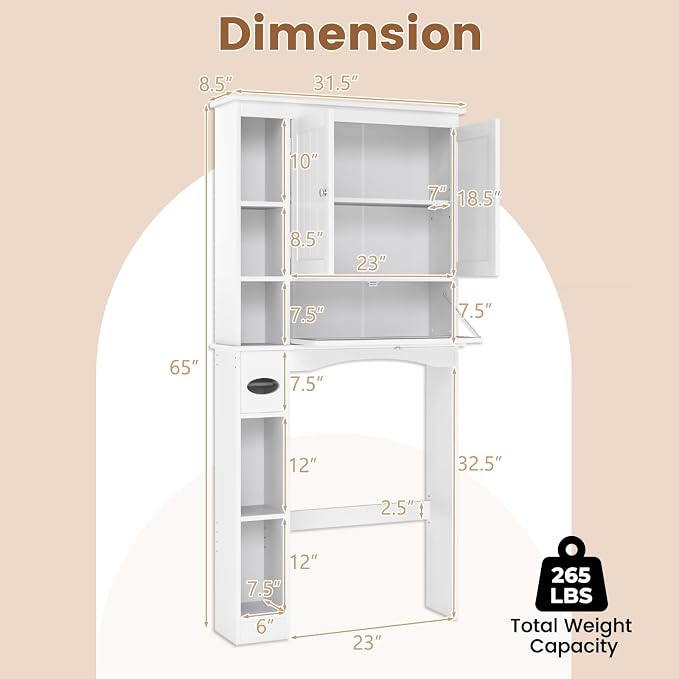 Giantex Over The Toilet Storage Cabinet, 31.5''W Freestanding Space Saver with Doors, Adjustable Shelf & Toilet Paper Holder, Over Toilet Bathroom Organizer for Laundry, Restroom, White - Image 2