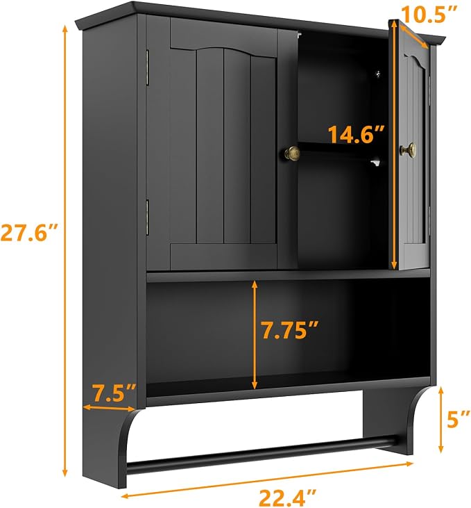 Black Bathroom Cabinet with Towel Rack, Bathroom Wall Cabinet with 2 Doors and Adjustable Shelf, Medicine Cabinet Wall Mount, Over The Toilet Storage - Image 2
