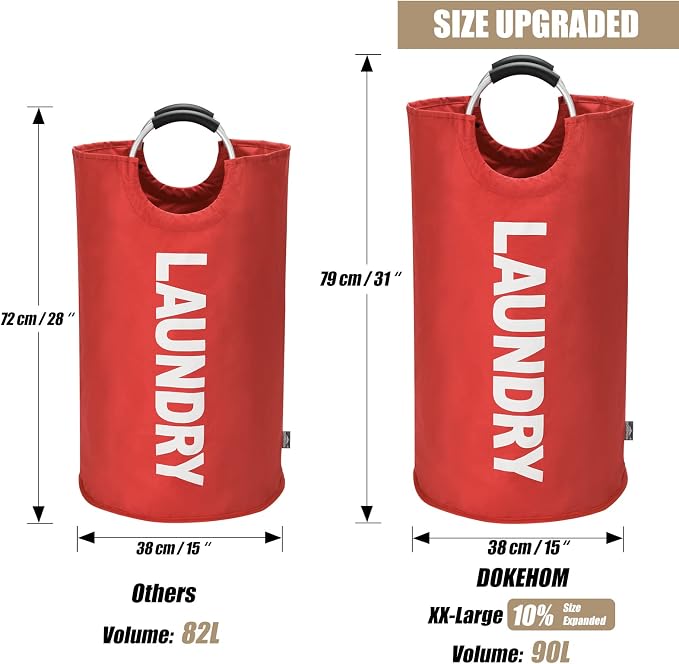 DOKEHOM 90L Large Laundry Basket Bag, Collapsible Tall Hamper, Red - Image 3