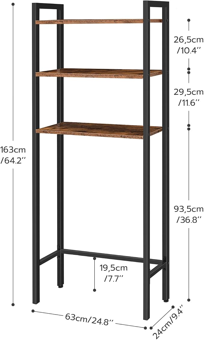 HOOBRO Over The Toilet Storage, 3-Tier Bathroom Organizer Shelf Over Toilet, Freestanding Bathroom Storage Shelves, Space Saver, Easy to Assemble for Room, Rustic Brown and Black BF41TS01 - Image 3