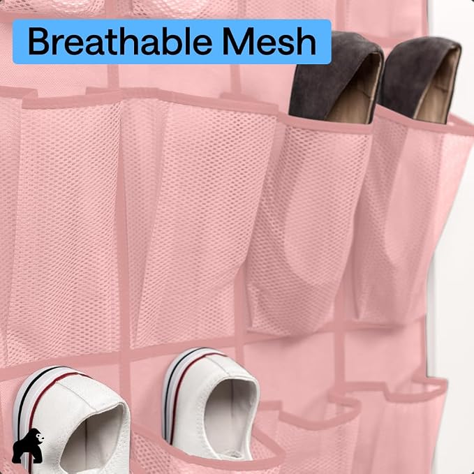 GORILLA GRIP Over the Door Shoe Organizer, 24 Large Pockets, Pink | Breathable Mesh Pocket, Space Saving Hanging Storage Holder, Closet Rack Hanger for Shoes, Pantry and Bathroom Accessories - Image 5