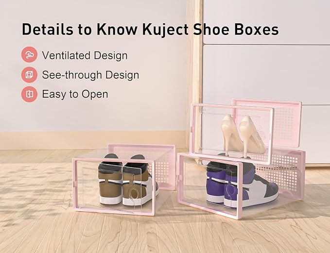 Kuject X-Large Shoe Storage Boxes 12 Pack, Clear Stackable Shoe Organizer | Shoe Case for Closet, Entryway & Under-Bed Storage, Drop-Front Design, Space-Saving Solution for Family Organization,Pink - Image 5