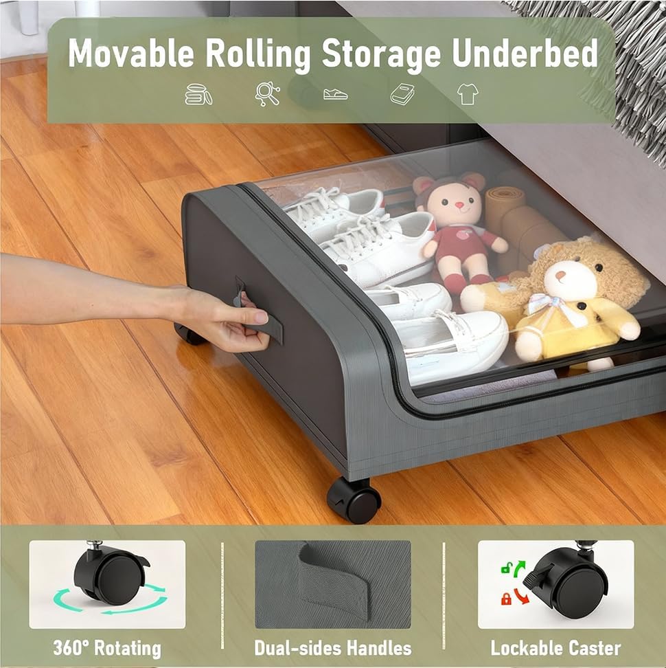 Under Bed Storage with Wheels, 6.7'' Tall Underbed Storage Containers with Lids - Rolling Bins for Shoes Clothes Blankets (Grey, 2-Pack XXL) - Image 2