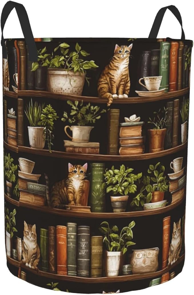 Wooden Bookshelf Cat Laundry Basket Storage Bin Foldable Laundry Hamper Clothes Storage Bucket Organizer 19.6x15.7 Inch For Laundry Room/Bedroom/Bathroom - Image 2
