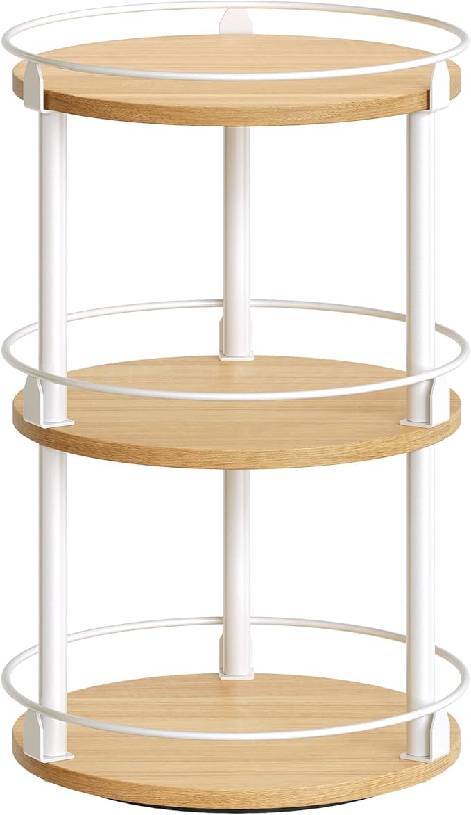 YATINEY 3-Tier Lazy Susan Organizer, Rotating Spice Rack, Spinning Organizer, Industrial Turntable Spice Rack Organizer for Cabinet, Kitchen Countertop, Pantry, White and Natural SR23WN by Yatiney