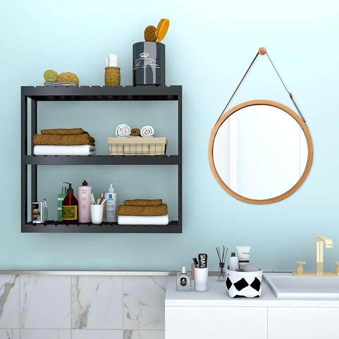Domax Bamboo Bathroom Shelf 3-Tier Wall Mount Storage Rack Multifunctional Adjustable Layer Free Standing Over Toilet Utility Shelves Living Room Kitchen (Black) - Image 2