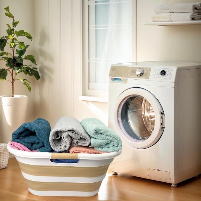 SAMMART 40L (10.5 gallon) Plastic Foldable Laundry Basket/Tub - Collapsible, Space Saving and Portable Laundry Hamper, Ideal for Home, Travel, Dorm, and Camping (1, White/Beige) - Image 2