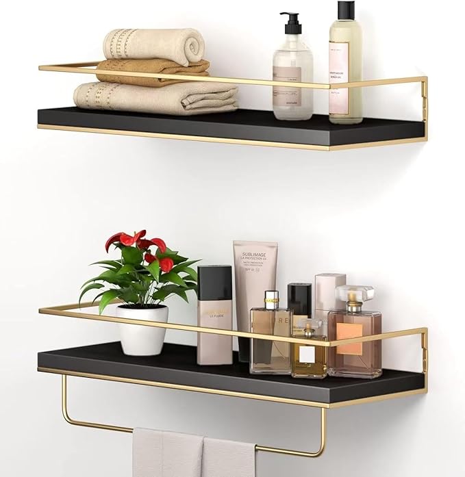Shario Floating Shelves - Set of 2, Wall Mounted Hanging Shelves with Golden Towel Rack, Decorative Storage Shelves for Bathroom, Kitchen, Living Room & Bedroom (Black Gold, 15.7 Inches) by Shario