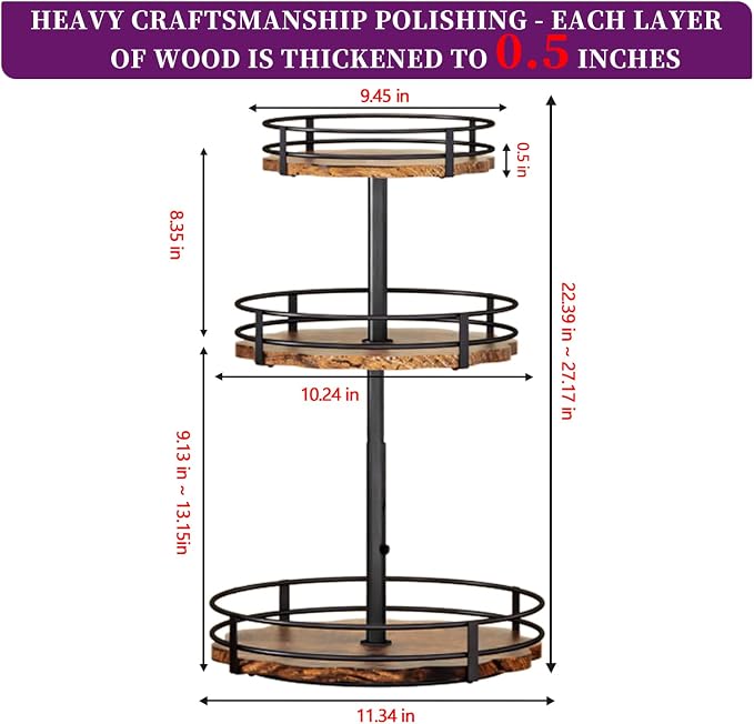 Heavy-Duty 3-Tier Lazy Susan Organizer, Adjustable to Different Heights, Countertop Spice Rack, Upgraded Thickened Wooden Board, Suitable for Seasoning Organizer, Kitchen Organization - Image 4