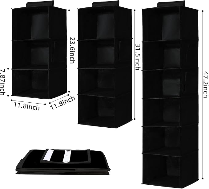 2 Pack Hanging Closet Organizer, 4-Shelf Hanging Shelves with Side Pocket, Black - Image 2