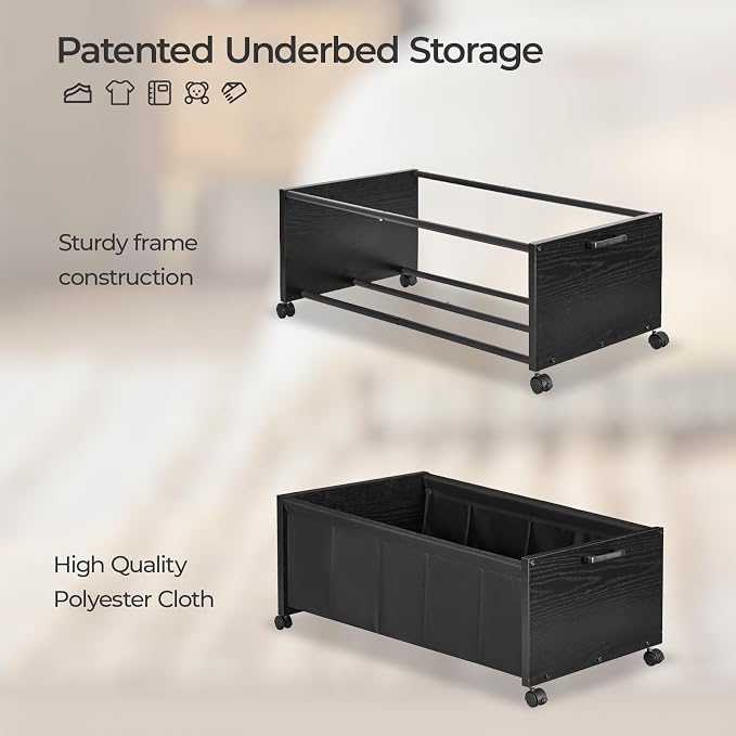 FOUCSSOMEI Under Bed Storage with Wheels, Wooden Under Bed Drawers On Wheels, Rolling Under Bed Shoe Storage, Space Saving, Black,Quadruple Size,90L - Image 3