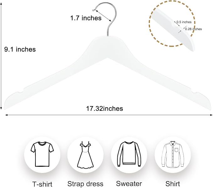 TOPIA HANGER White Wooden Hangers 10 Pack, 0.28 inch Slim Wood Clothes Hanger with Flat Design and Smooth Notches, Lightweight&Durable Space Saving Hangers for Shirt, Coat, Camisole-CT29W - Image 2