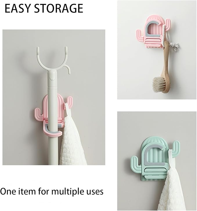 4 pack Broom and Mop Holder Wall Mount，Cute Cactus Wall Utility Hooks No Drill Mop and Broom GripperDecorative Hanging Holder for Bathroom Kitchen（White, Pink, Yellow, Mint Green） - Image 6