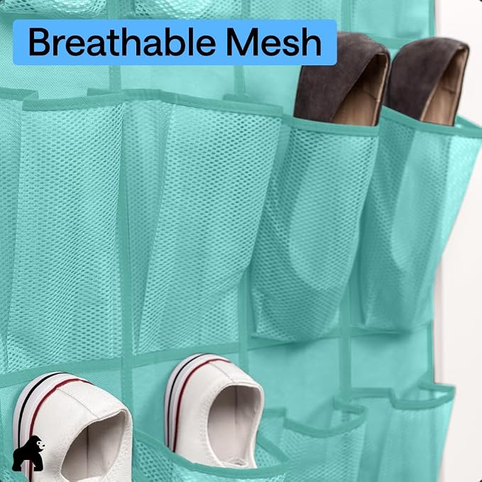 GORILLA GRIP Over the Door Shoe Organizer, 24 Large Pockets, Turquoise | Breathable Mesh Pocket, Space Saving Hanging Storage Holder, Closet Rack Hanger for Shoes, Pantry and Bathroom Accessories - Image 5