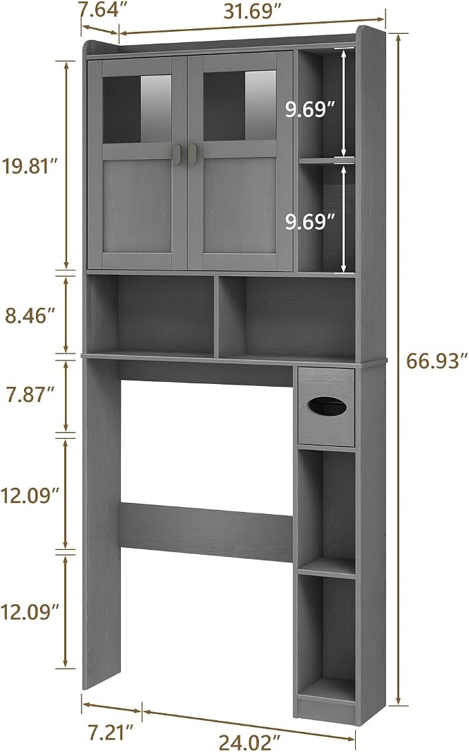 Vabches Over The Toilet Storage Cabinet with Doors and Shelf, Natural Grey - Image 2
