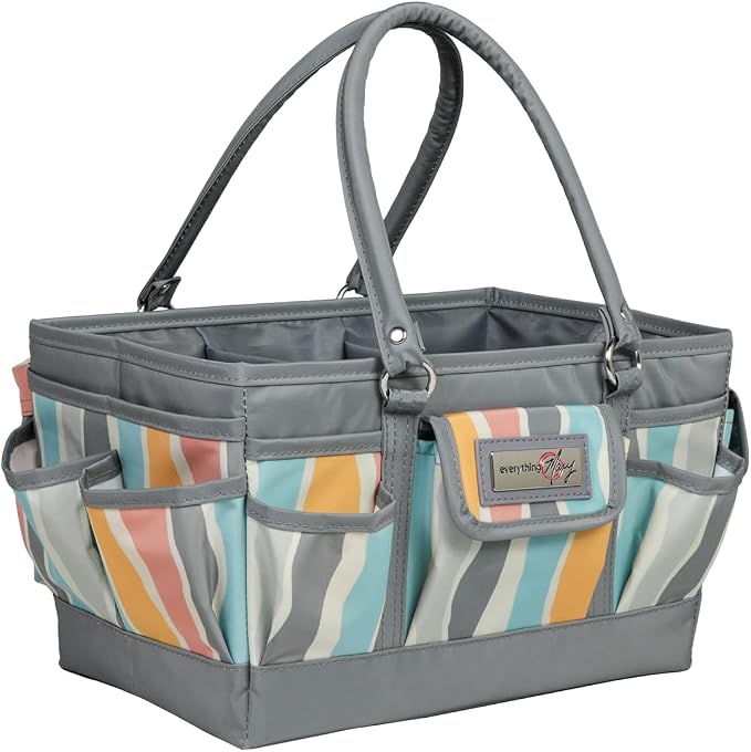 Everything Mary Deluxe Store & Tote Organizer – Grey Stripes Craft Caddy with Handle – Art Storage Tote for Sewing, Scrapbooking, DIY Projects & Crafting Tools by EverythingMary