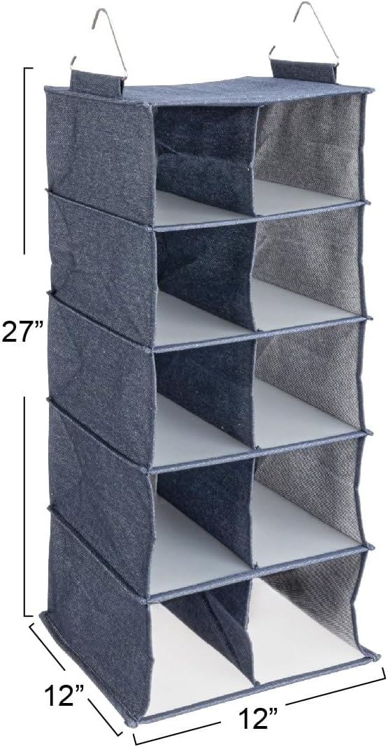 Household Essentials Hanging Cotton Blend and Plastic Closet Shoe Organizer with 10 Storage Compartments, Denim - Image 3