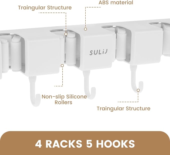 2Pcs Broom Holder Wall Mount, No-Drilling Self-Adhesive Mop and Broom Storage Rack with Hooks (4 Racks with 5 Hooks), Wall-Mounted Broom Hanger for Bathroom, Kitchen, Closet, Garage (White ﻿) - Image 9