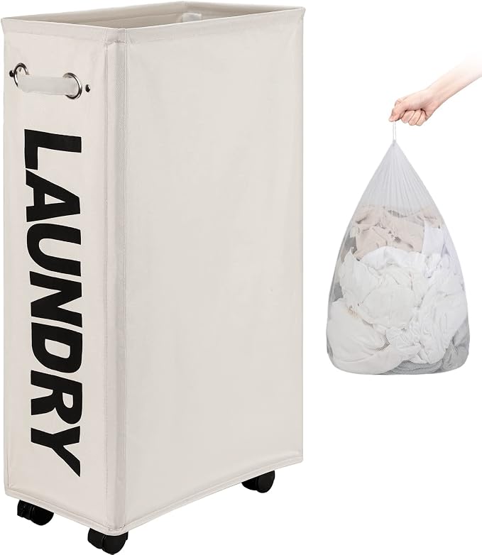 DOKEHOM 29" Enlarged Slim Rolling Laundry Basket Hamper on Wheels, Beige by DOKEHOM