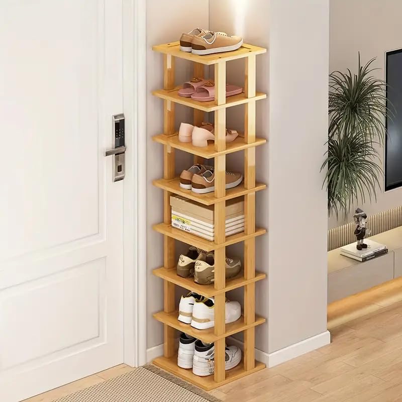 SAN HE Bamboo Shoe Rack 5Tier- Vertical Shoe Rack for Small Spaces, Tall Narrow Shoe Rack Organizer for Closet Entryway Corner Garage and Bedroom,Skinny Shoe Shelf with Free Stackable DIY - Image 4
