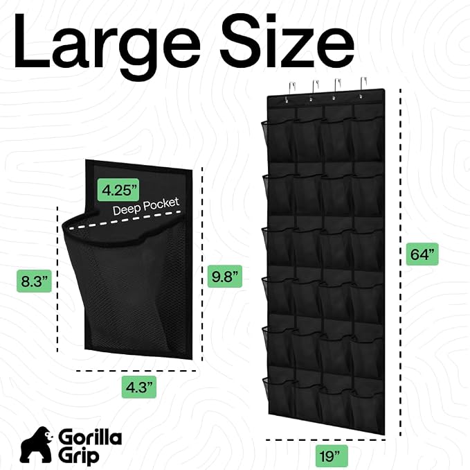 GORILLA GRIP Over the Door Shoe Organizer, 24 Large Pockets, Black 2 Pack | Breathable Mesh Pocket, Space Saving Hanging Storage Holder, Closet Rack Hanger for Shoes, Pantry and Bathroom Accessories - Image 7