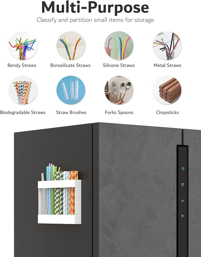 Magnetic Acrylic Straw Holder for Fridge - 5 Slot Sturdy Kitchen Organizer, Adhesive-Free Refrigerator Storage for Metal, Glass, Silicone Straws & Utensils (White-Magnetic Type-5C) - Image 5