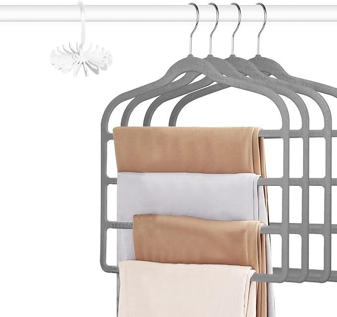 Tinfol Gray Velvet Pants Hangers Space Saving, 4pc Non-Silp Pant Hanger, Jeans Slack Trousers Hangers, Multi Layer Clothes Hanger Closet Organizer Perfect for Pants,Trouser,Jeans by Tinfol