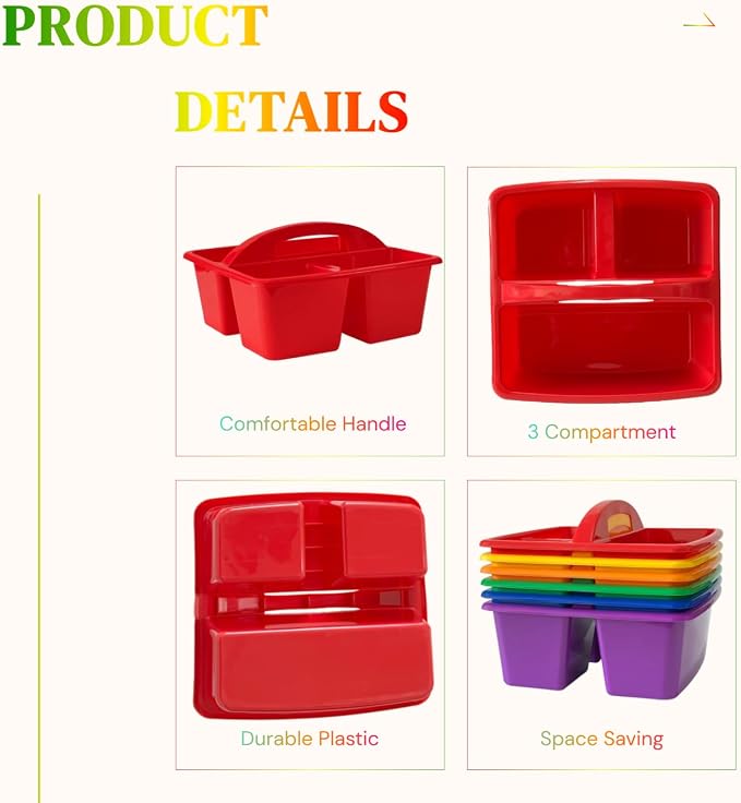 Set of 6 Classroom Caddy, Small Plastic Storage Caddy with Handle, Rainbow - Image 3