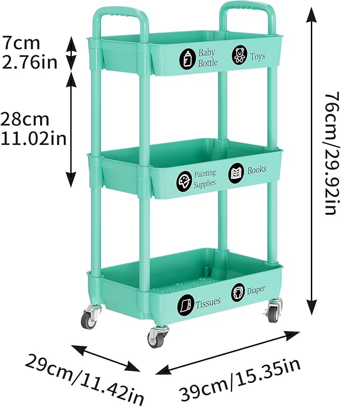 Laiensia 3-Tier Rolling Cart with Wheels,Multifunction Utility Storage Carts, Kitchen Storage Organizer,Mobile Shelving Unit for Bathroom,Laundry,with Classified Stickers,Green - Image 6