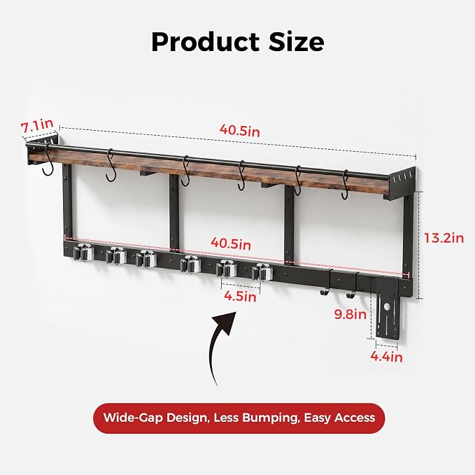 Broom Holder Wall Mount with Shelf,Broom Hanger,3 in 1 Broom and Mop Organizer Wall Hanging for Laundry,Garage,Utility,Broom Rack,Vacuum Stand Alternative,Cleaning Supplies Organizer Storage,Black,XL - Image 4