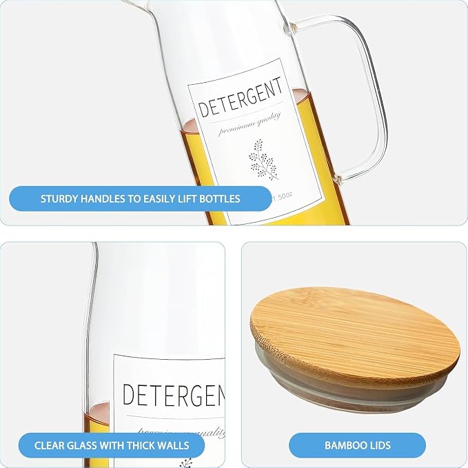 Laundry Detergent Dispenser Set with Bamboo Lids and Handles - Easy Pour 3 Pack 50 oz Liquid Laundry Containers for Laundry Room Organization and Storage - Image 6