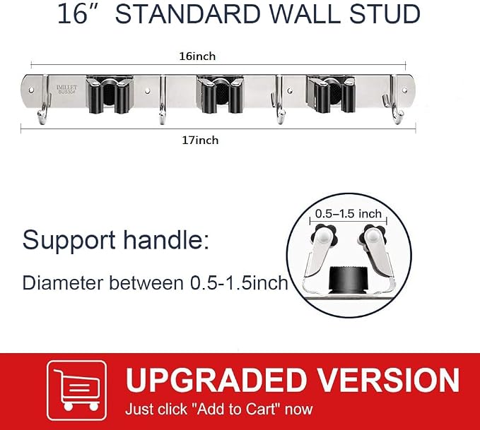 IMILLET 2 Pack Broom Holder Wall Mount Stainless Steel Mop Organizer - Image 3