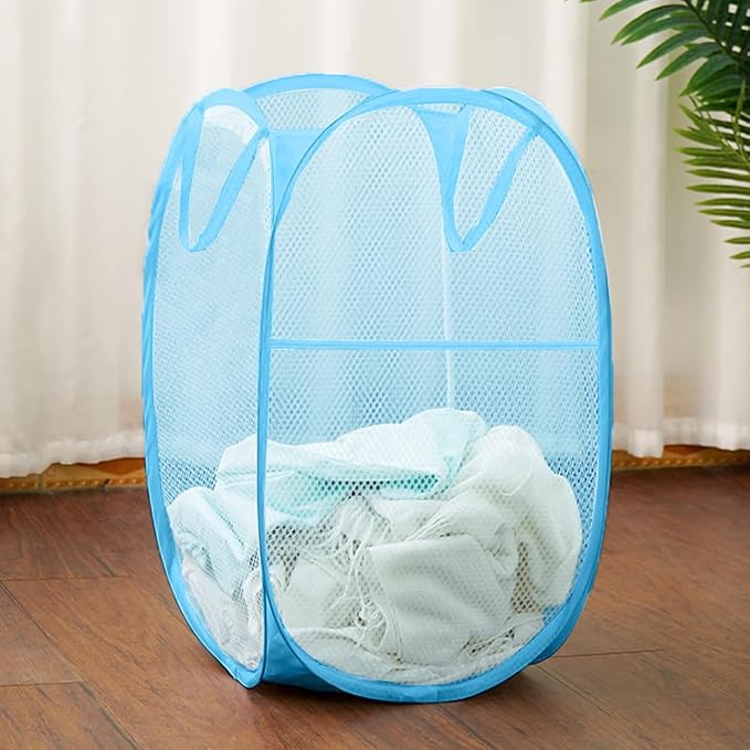 Mesh Laundry Hamper, Pop Up Laundry Basket Portable Collapsible Clothes Storage Bin for Bedroom, College Dormitory, Apartment, Foldable Clothes Hamper, Sky Blue - Image 4