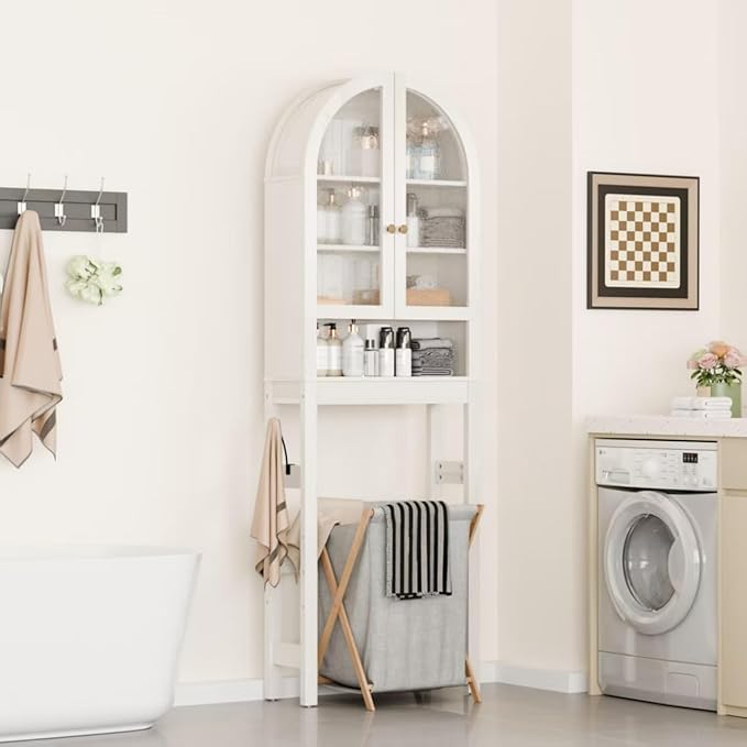 Over The Toilet Storage Cabinet, 23.7”W Modern Storage Cabinet Over Toilet with Acrylic Doors, Arched Freestanding Over Toilet Rack with Adjustable Shelf for Bathroom, White - Image 4