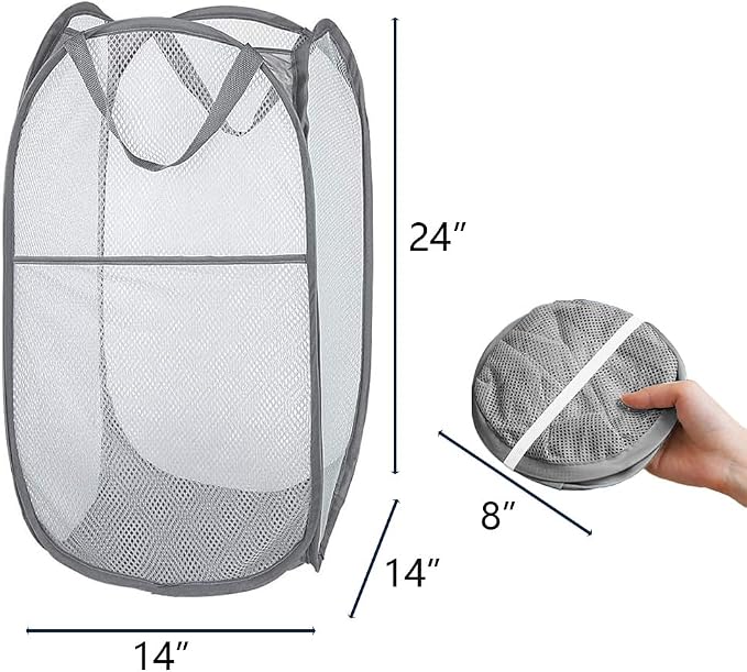 Mesh Large Pop Up Laundry basket, Collapsible Laundry Hampers with Handles, Foldable Dirty Clothes Hampers for Bathroom, College Dorm, Travel, Gray - Image 2