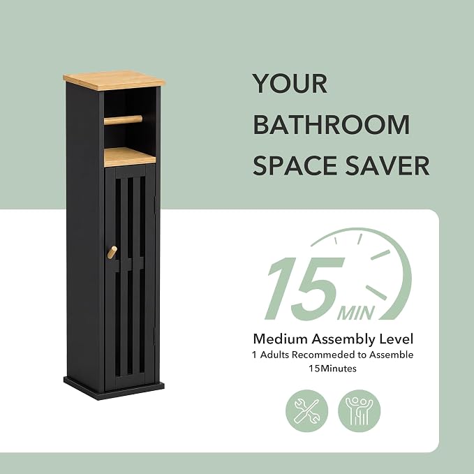 Narrow Bathroom Storage Cabinet with Toilet Paper Holder, Black - Image 7