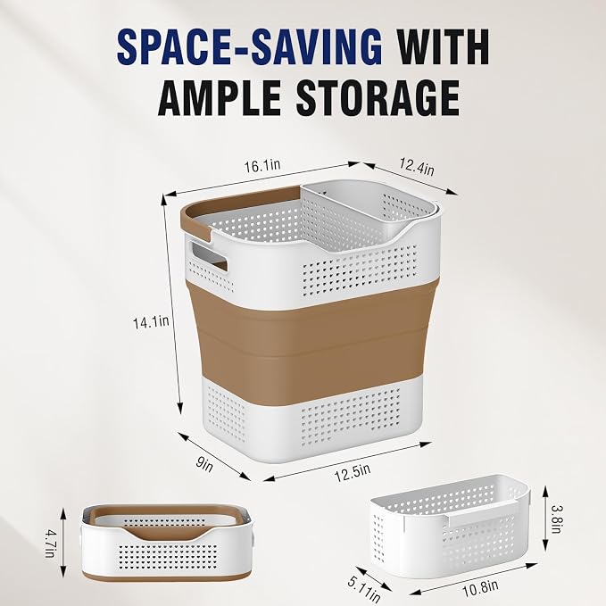 TECHMILLY Collapsible Plastic Laundry Basket Hamper with Handles, 35L Portable Rubber Clothes Basket, Pop Up Storage Container/Organizer with Hanging basket for Washing & Storage, Brown - Image 2